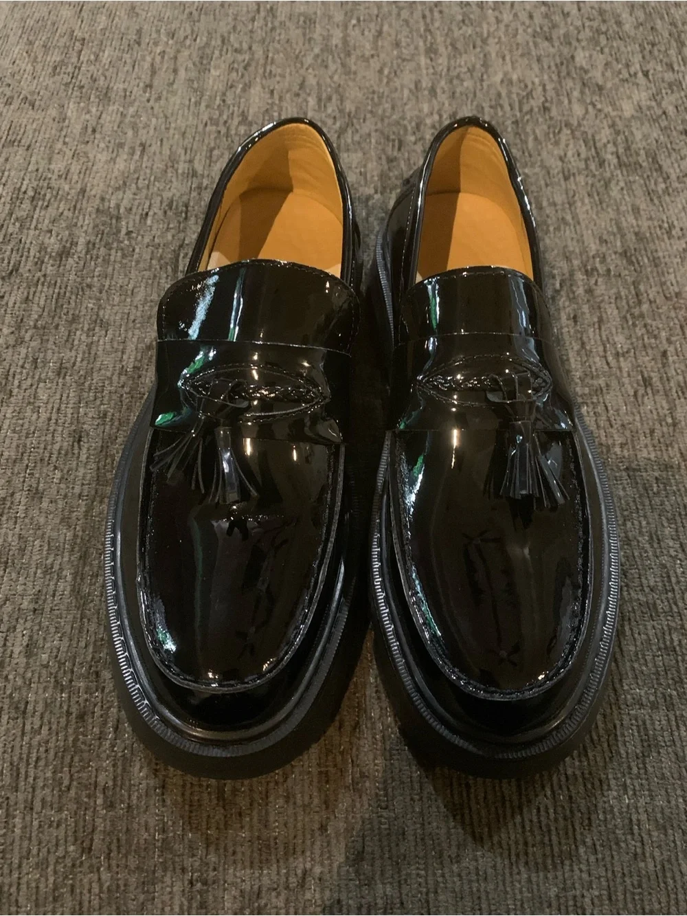 Glossy Black Tassel Platform Loafers